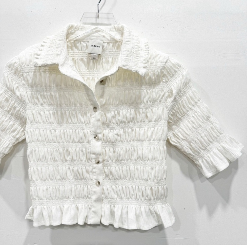 Anthropologie Maeve Smocked Button Front Top White XS